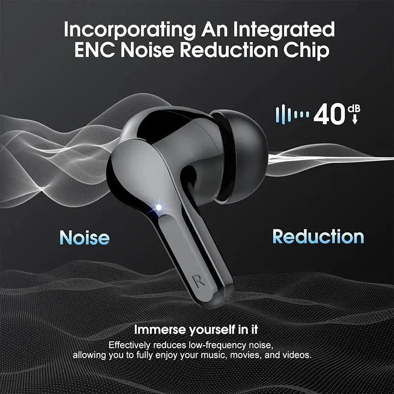 Pair of black wireless earbuds with ENC noise reduction; true wireless stereo, two buds