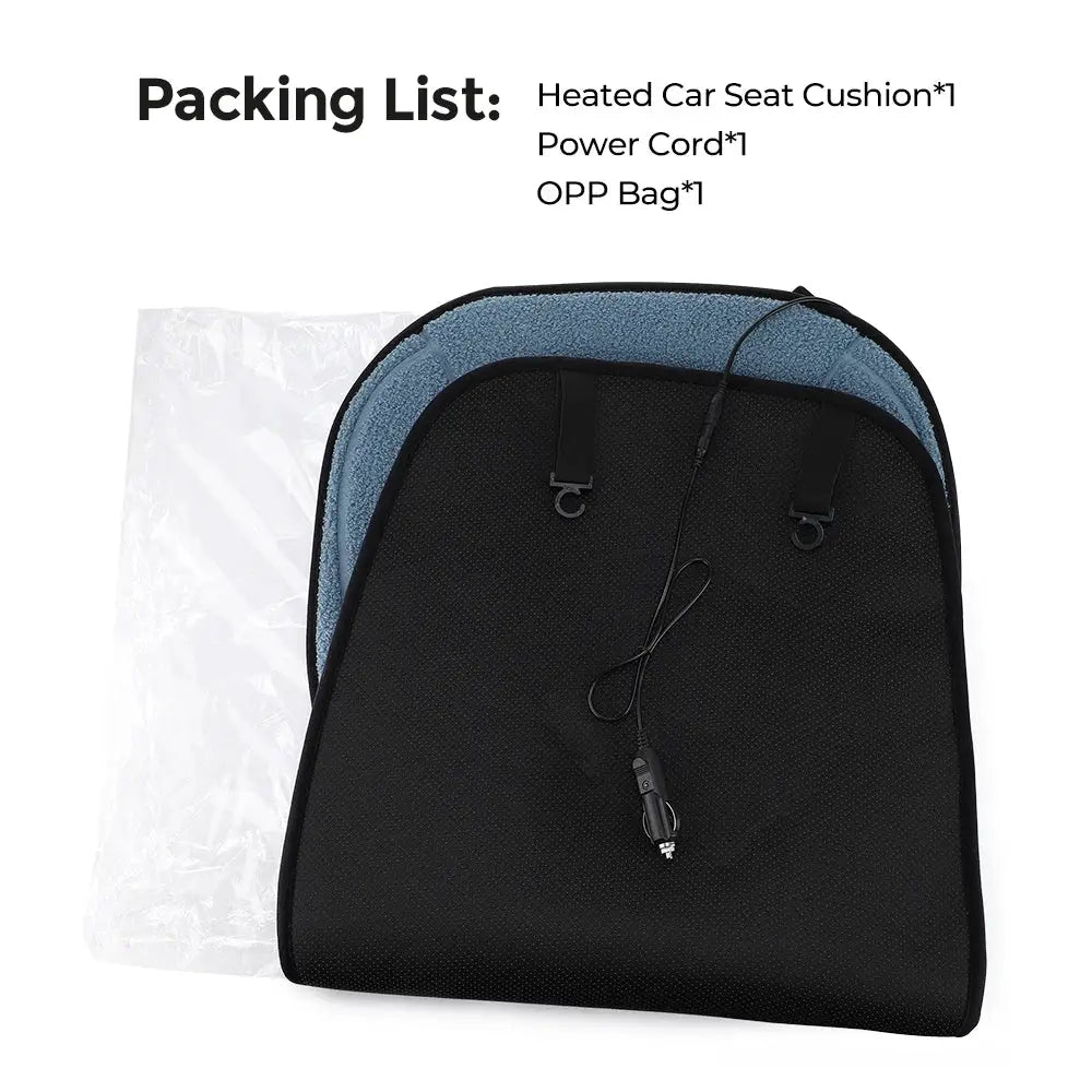 Massager chair pad with electric heating and vibrating cervical neck back support, black exterior with blue lining
