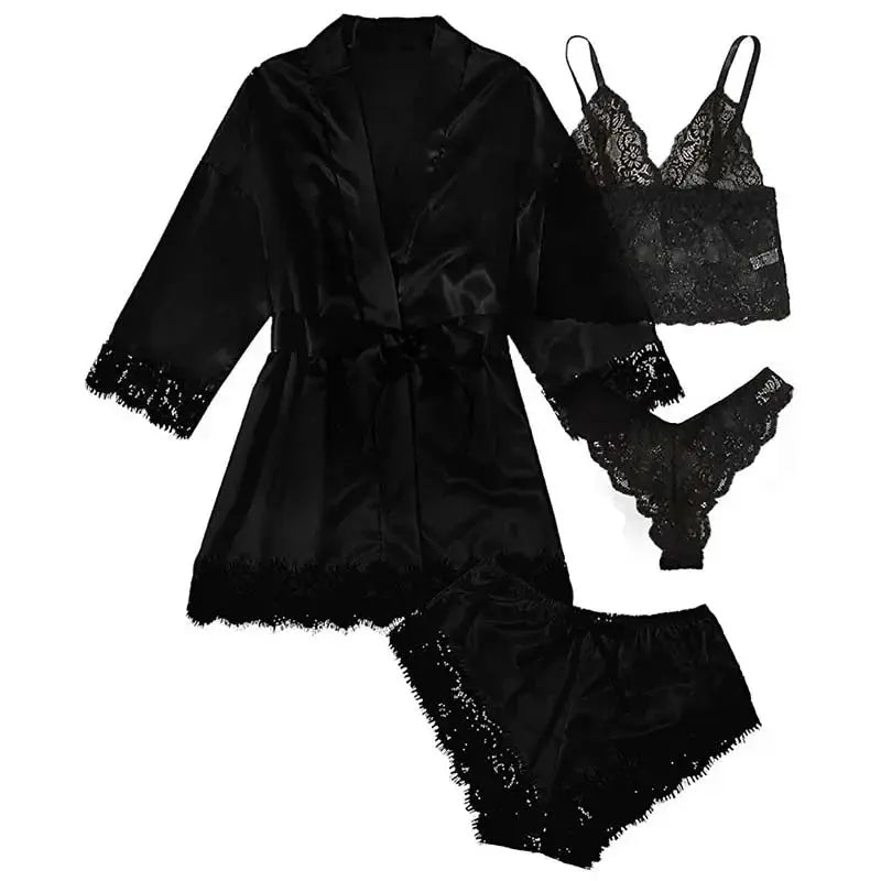 LuxeSilk 4 Piece Satin Sleepwear Set With Lace Robe For Women Breathable Silk Comfort And Elegant Nightwear