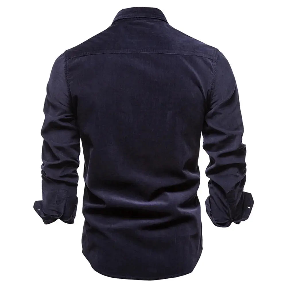 Men's navy corduroy shirt by Simples Market, 100% cotton, long-sleeve, back view