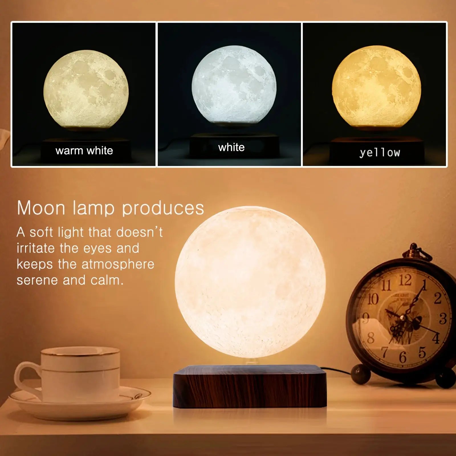 Moon lamp by Simples Market; magnetic floating moon with wooden base and 3-color LED.