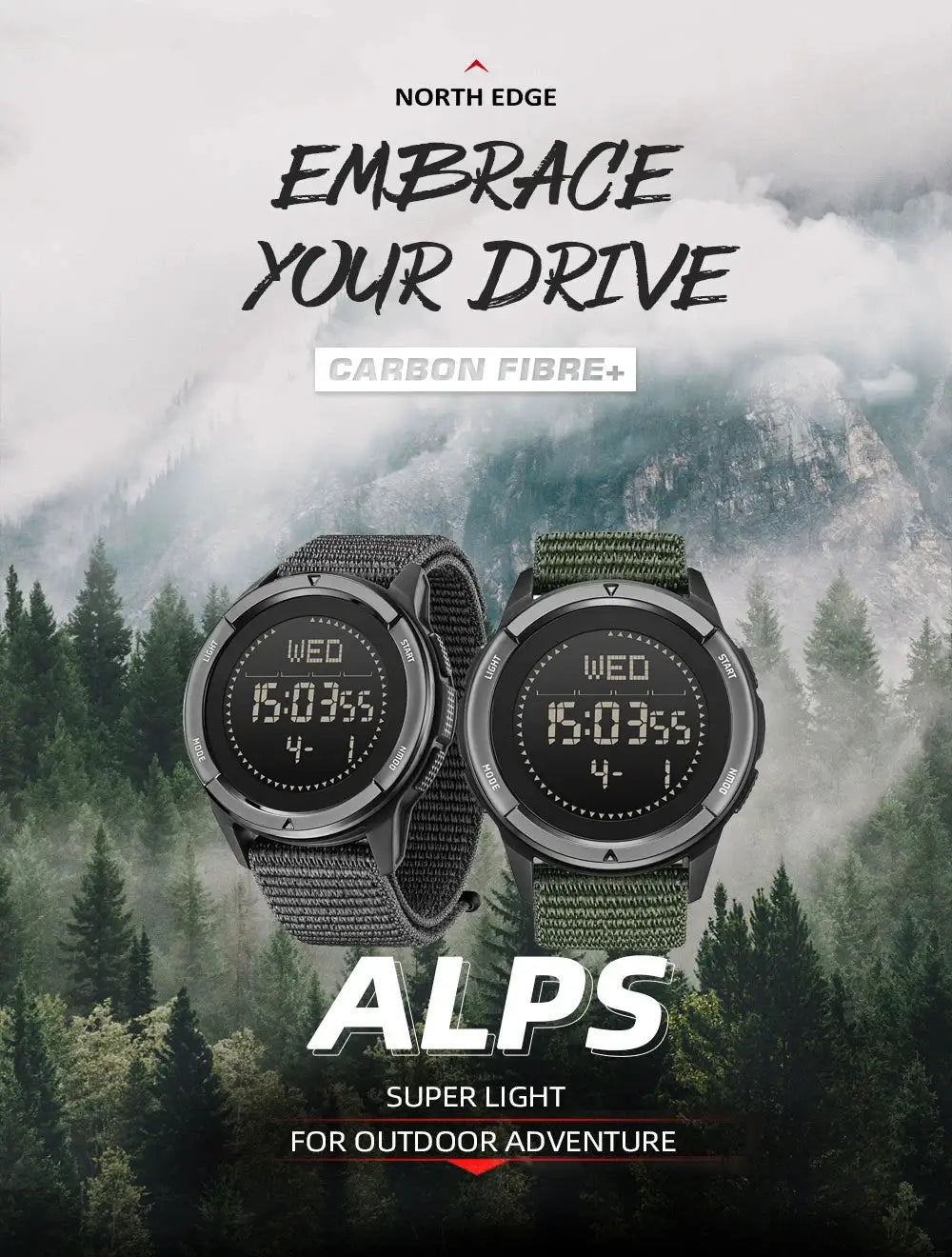 Two North Edge ALPS digital carbon-fiber watches with gray and green straps, shown against a mountain forest backdrop.