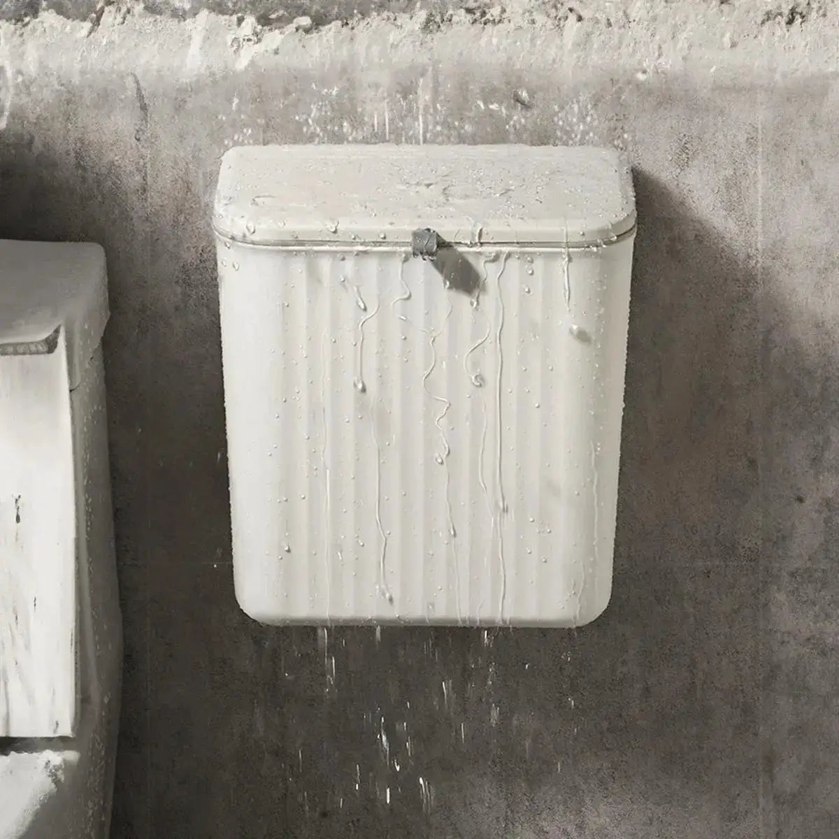 Simples Market white wall-mounted trash bins; two units, durable plastic, space-saving kitchen waste storage.