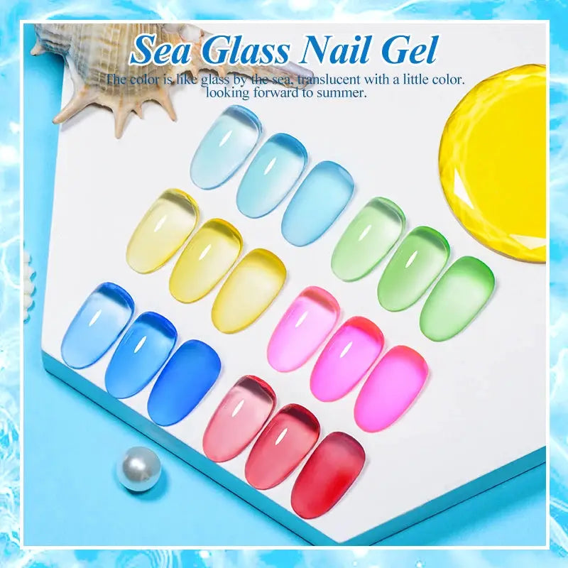 MTSSII jelly glass gel nail polish set; colorful swatches in blue, yellow, green, pink and red by Simples Market