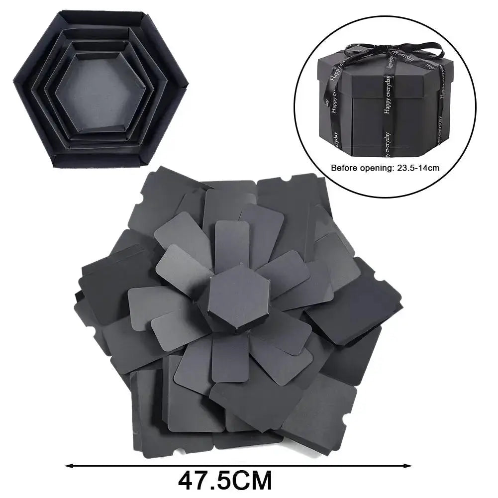 Simples Market DIY explosion photo album gift box set with black nested hexagonal box and gray card panels