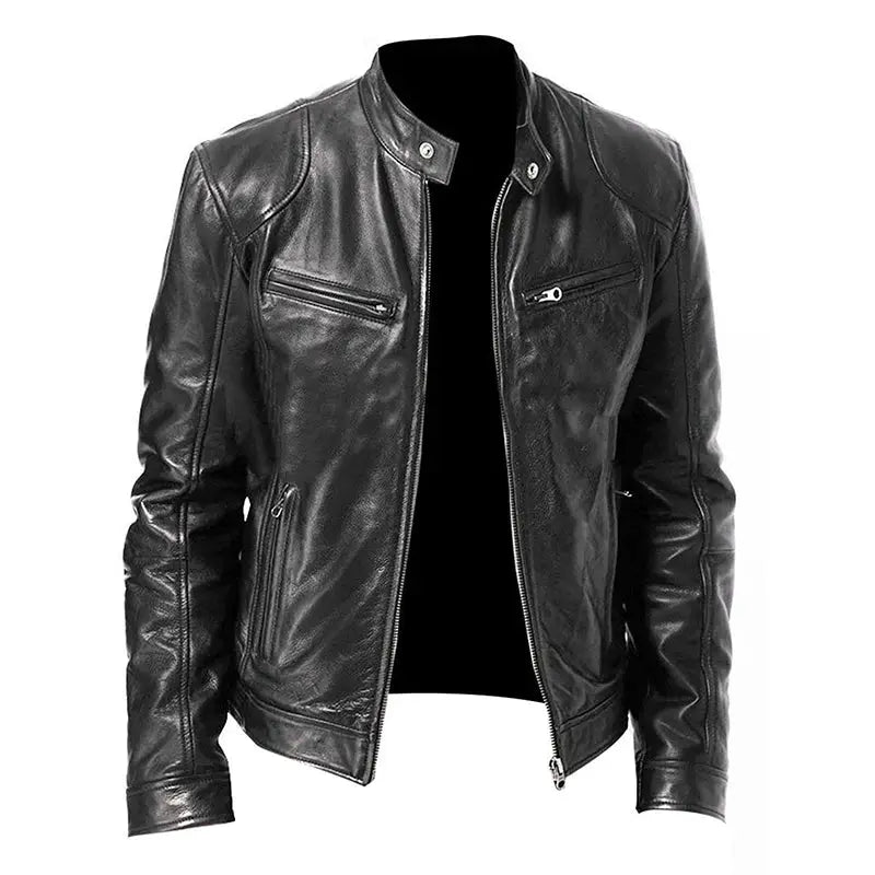 Men's black PU leather motorcycle jacket by Simples Market with zip pockets