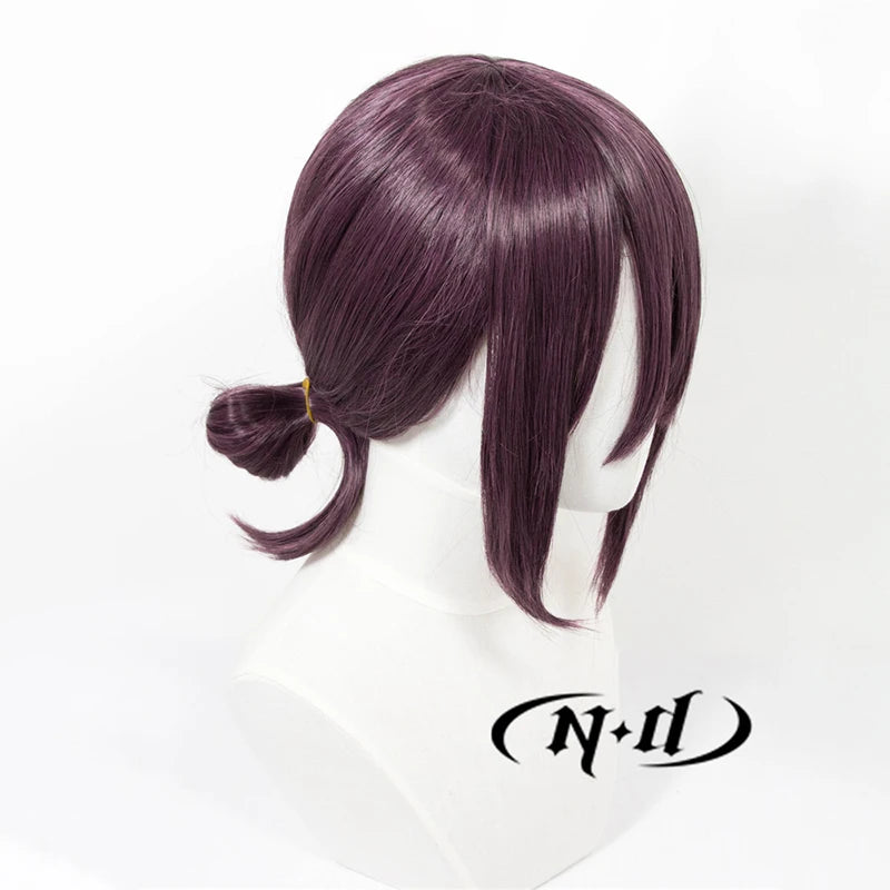 ND Reze cosplay wig in deep purple, short layered with side bangs and a small back ponytail