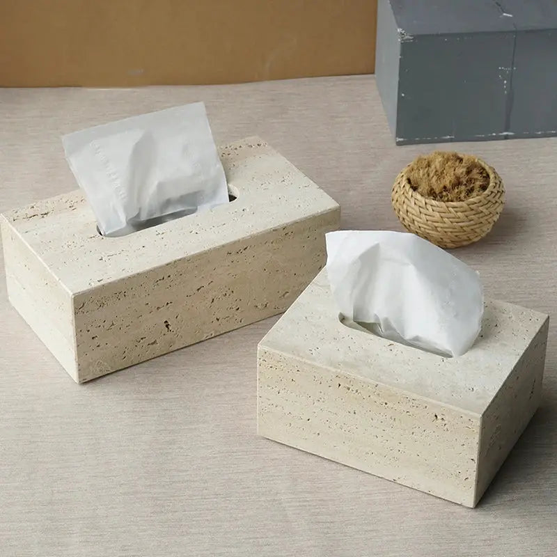 Beige travertine bathroom accessories set with two tissue box holders in natural marble finish.