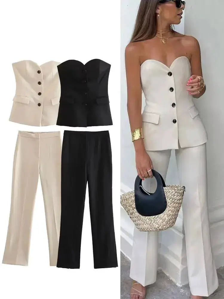 Women Elegant Strapless Tank Top Pant Suit With Side Slit Trousers