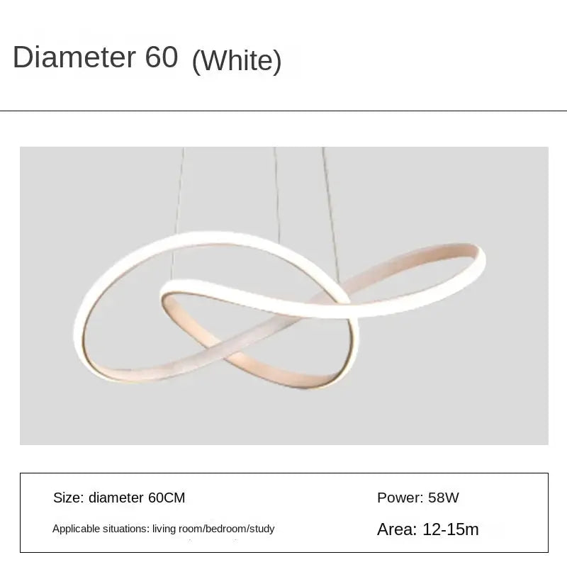 Dining room pendant lamp with two intertwined circular rings in white and copper tones, Nordic modern design