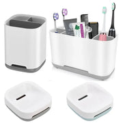 White bathroom countertop toothbrush holder and large-capacity shelf organizer with storage caddy; includes two lids