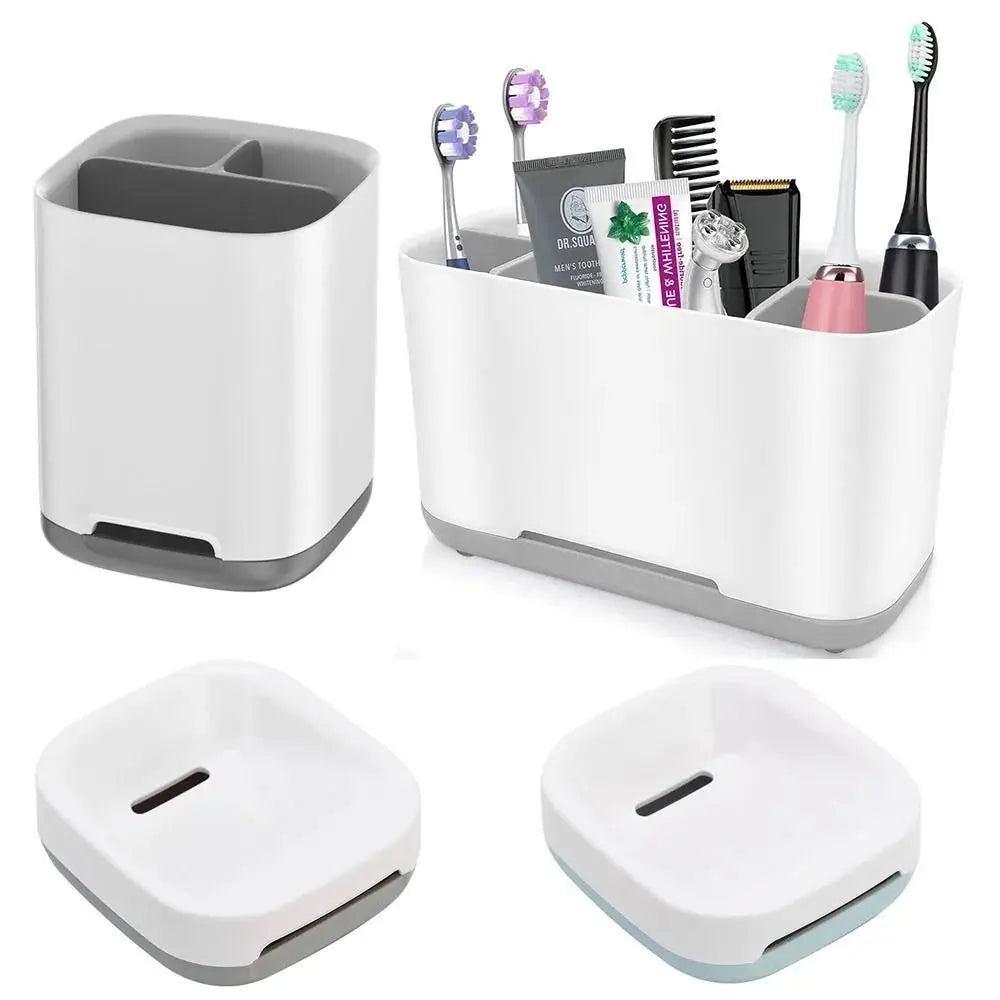 White bathroom countertop toothbrush holder and large-capacity shelf organizer with storage caddy; includes two lids