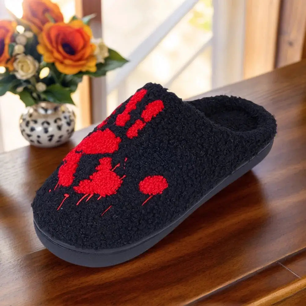 Halloween palm plush slippers in black fluffy fabric with red palm design, slip-on warm house shoes.
