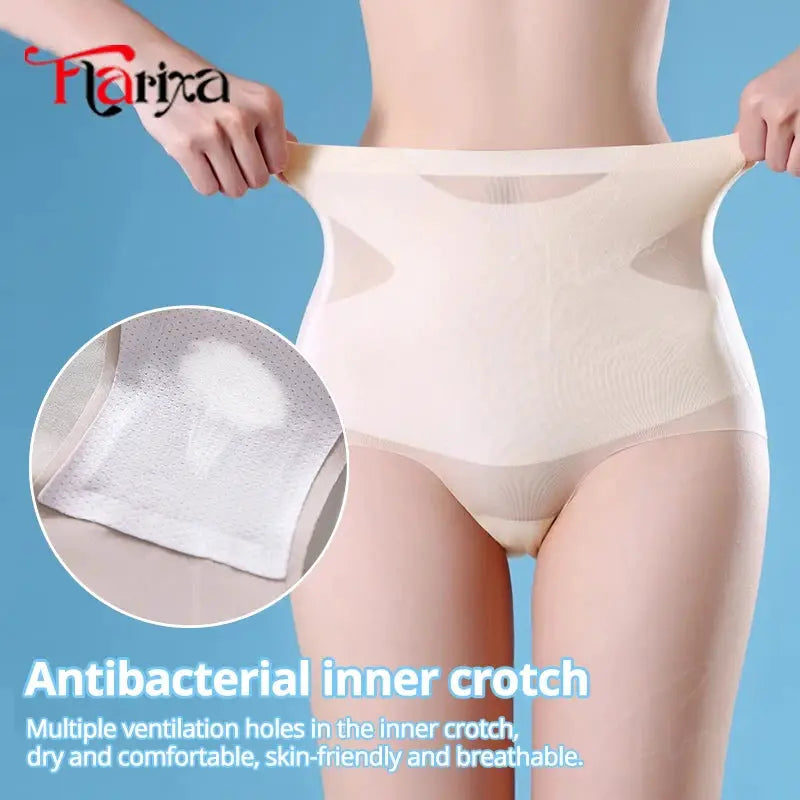 Flarixa high-waist seamless panties in nude ice silk with antibacterial inner crotch for tummy control