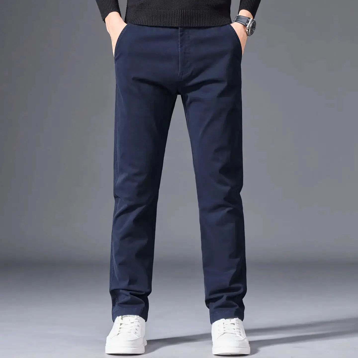 Men's navy cotton pants by Simples Market, straight-leg with elastic waist for casual business wear