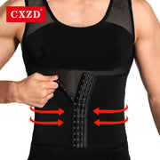 CXZD waist trainer girdle for men, black mesh-front corset-style torso shaper with multiple row hooks