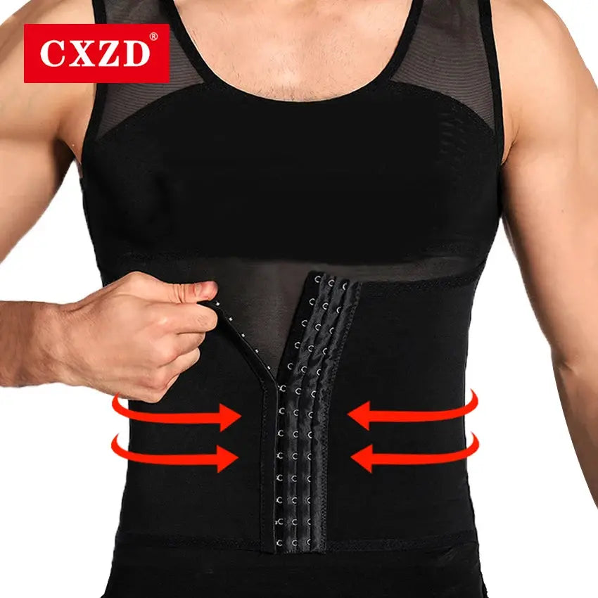 CXZD waist trainer girdle for men, black mesh-front corset-style torso shaper with multiple row hooks
