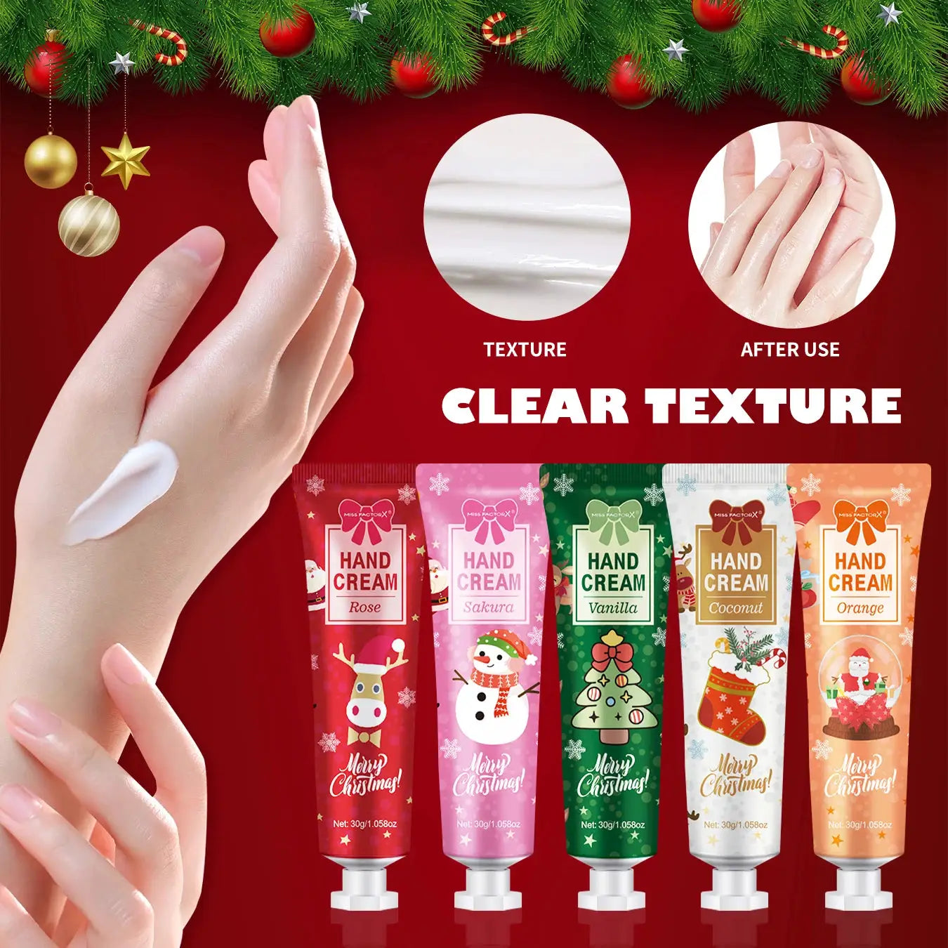 Hand cream gift set, 5 tubes with Christmas designs; Rose, Sakura, Vanilla, Coconut, Orange — Simples Market.