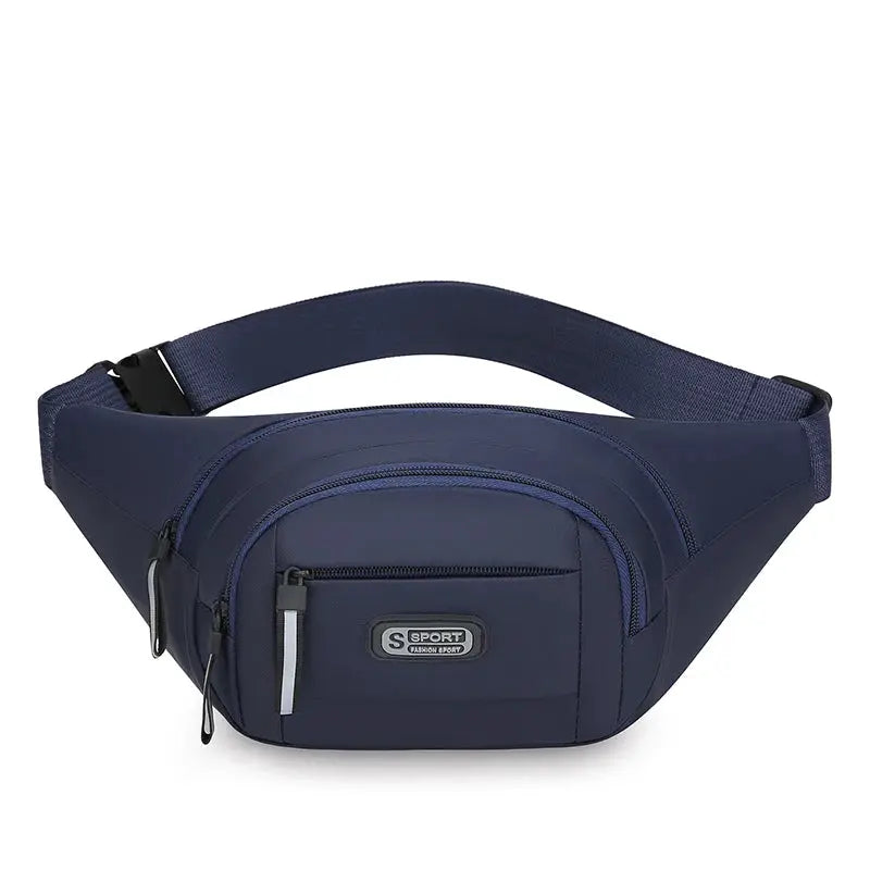 Navy blue men's waist pack with multiple zip pockets and front logo patch, adjustable strap