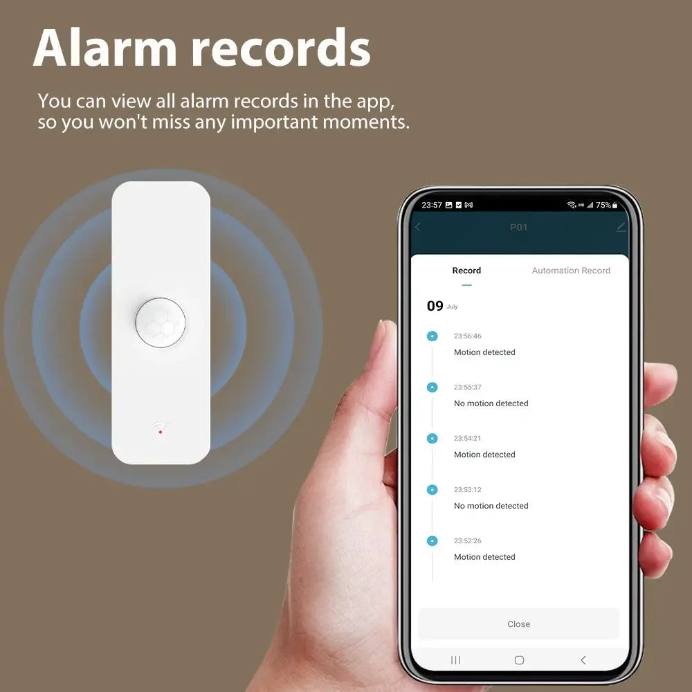 Tuya WiFi Zigbee PIR motion sensor by Simples Market, white, with smartphone app showing motion records
