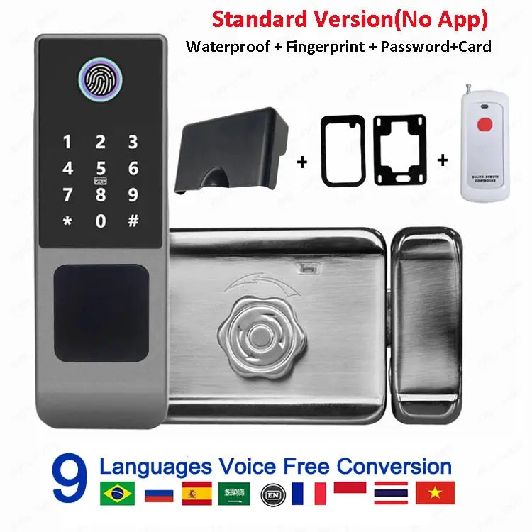 Tuya WiFi double-side fingerprint door lock by Simples Market with keypad, RFID card, remote, IP66 waterproof