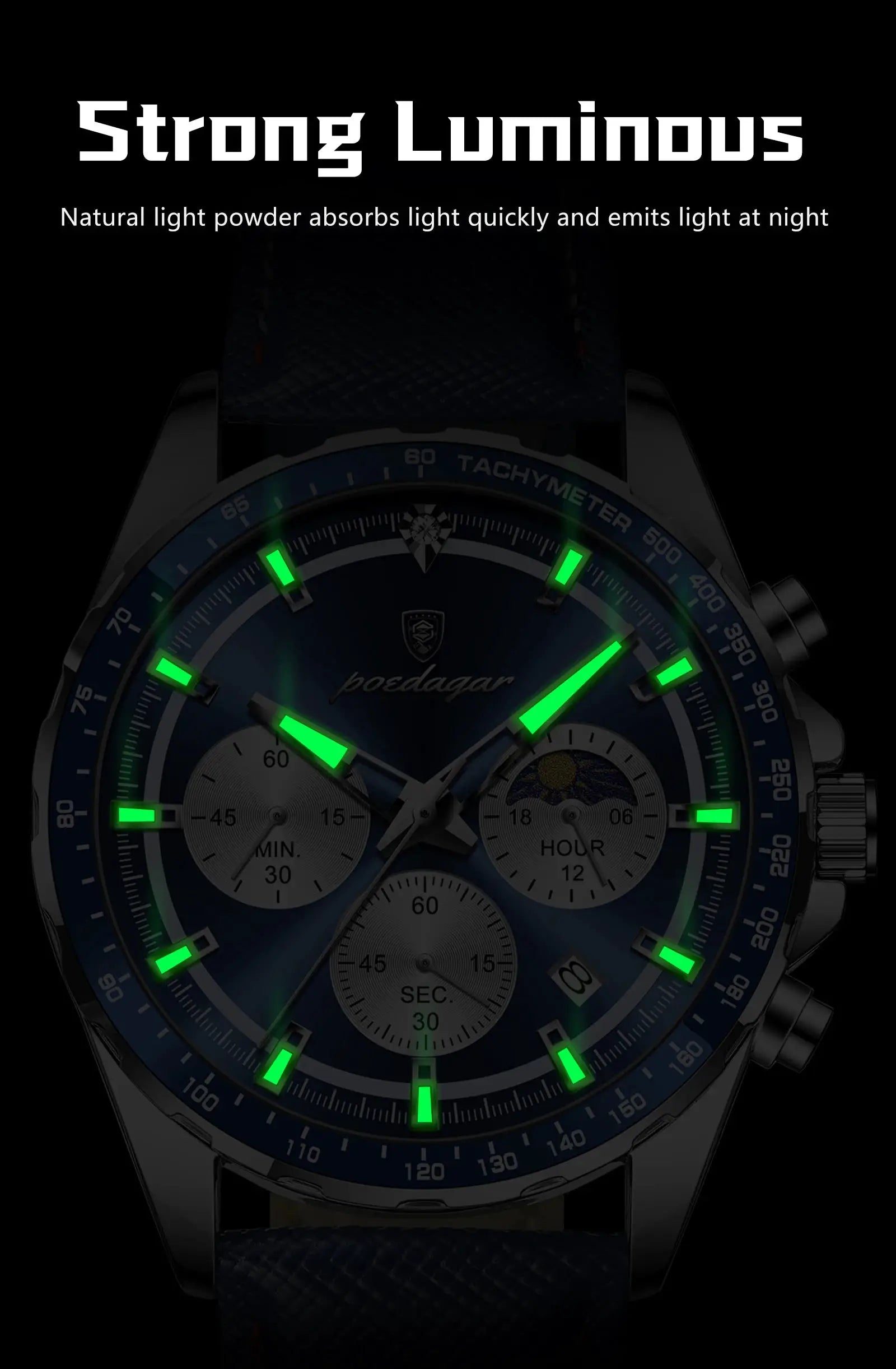 POEDAGAR men’s wristwatch with luminous green markers on a blue dial and leather strap