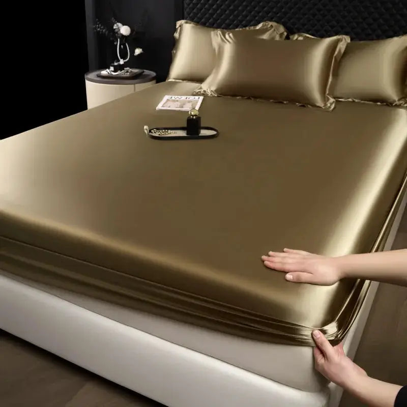 Gold mulberry silk fitted sheet set with two pillowcases, 3-piece luxury bed linen