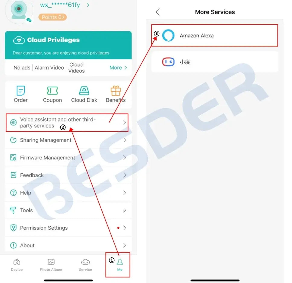 BESDER 4K 8MP WiFi camera app setup screen showing Me tab and Amazon Alexa option for voice services