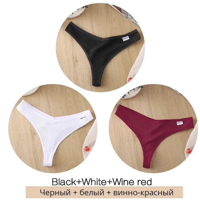 3-pack women cotton thong panties set in black, white, and wine red