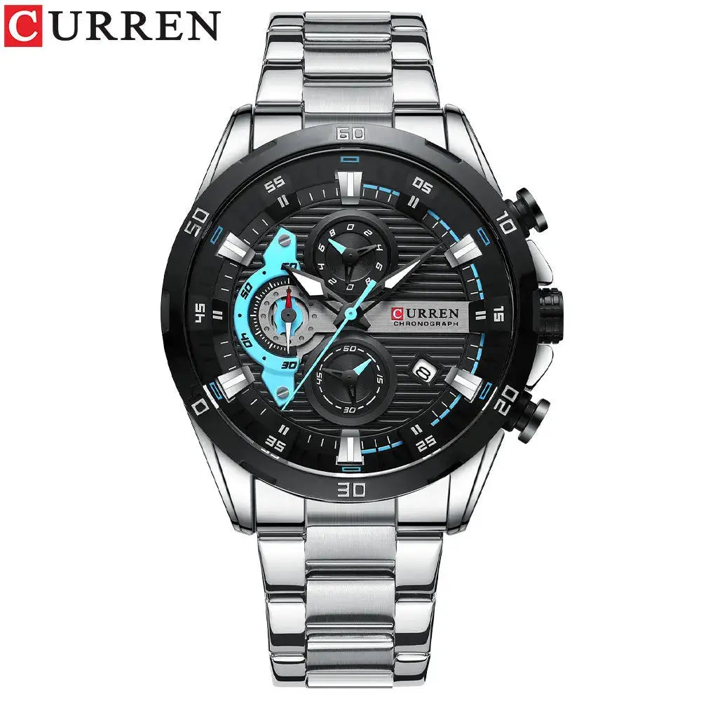 CURREN 8402 men's stainless steel chronograph watch with black dial and blue accents