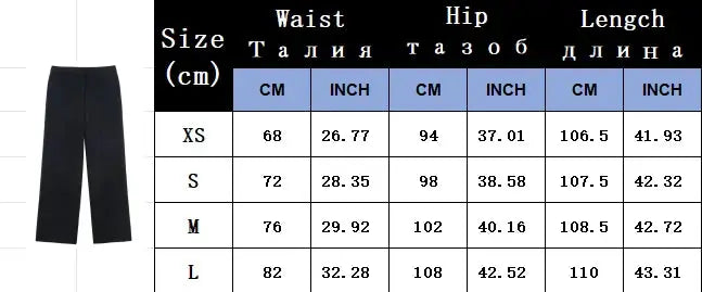 Simples Market black women's two-piece suit set with straight-leg pants; size chart shown.