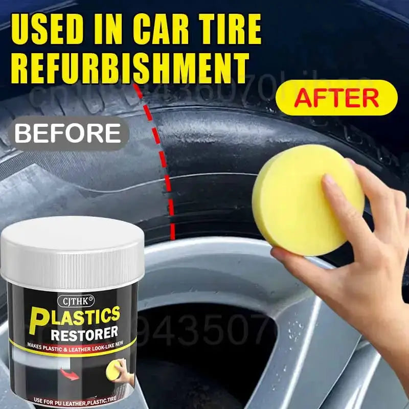 Plastics Restorer bottle by CJTHK with yellow sponge, shown on a car tire in a before/after refurbishment scene.
