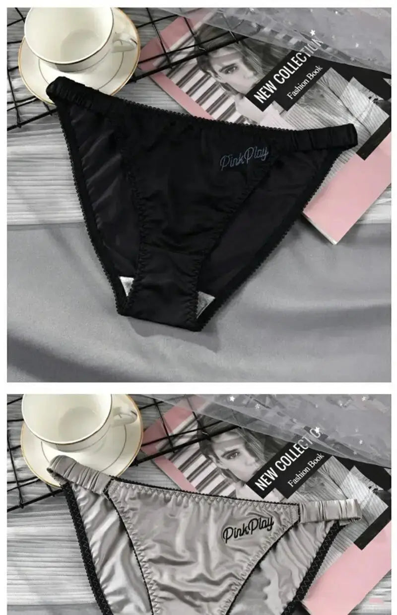 Girls panties by PinkPlay, satin ice-silk with letter embroidery, black and silver, elastic waistband (2-pack)