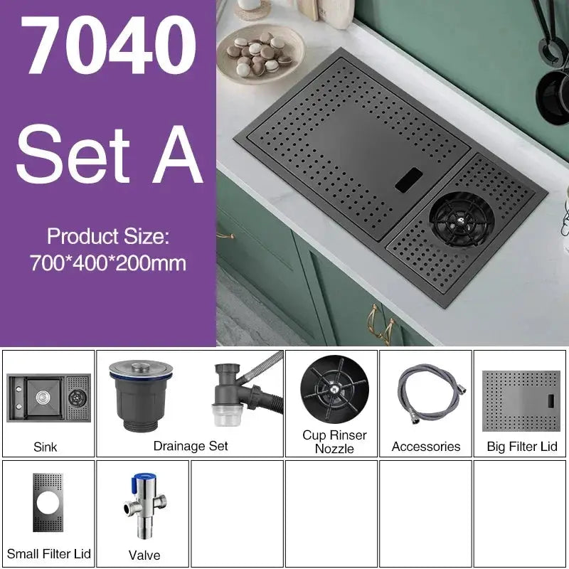 ASRAS Nano Black Small single-bowl kitchen sink by Simples Market with hidden bar counter cover and lifting faucet