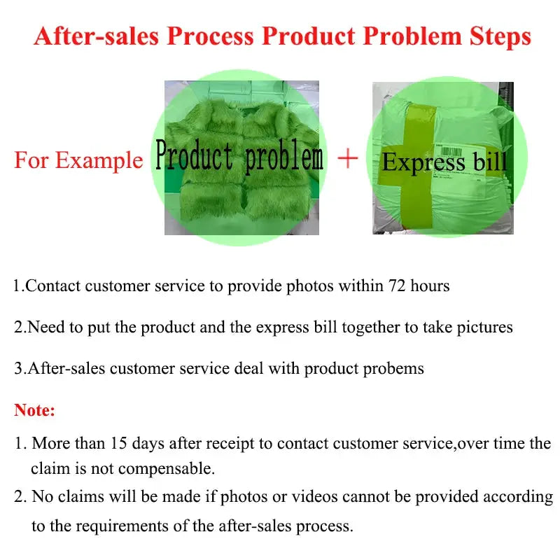 Document: After-sales process guide showing product problem photos with green overlays and express bill example