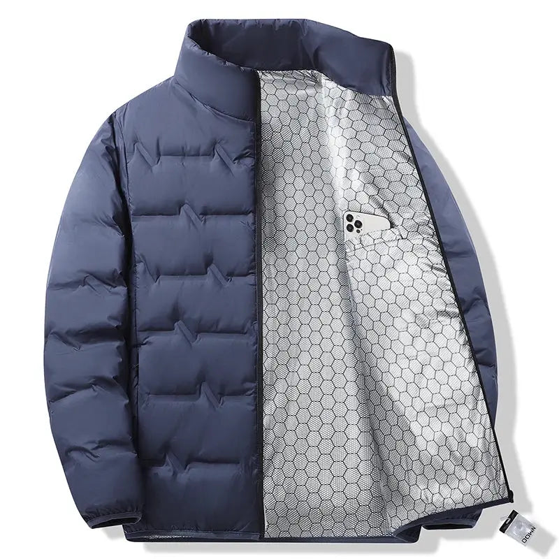 Men's navy down jacket with hex-pattern lining and inner smartphone pocket