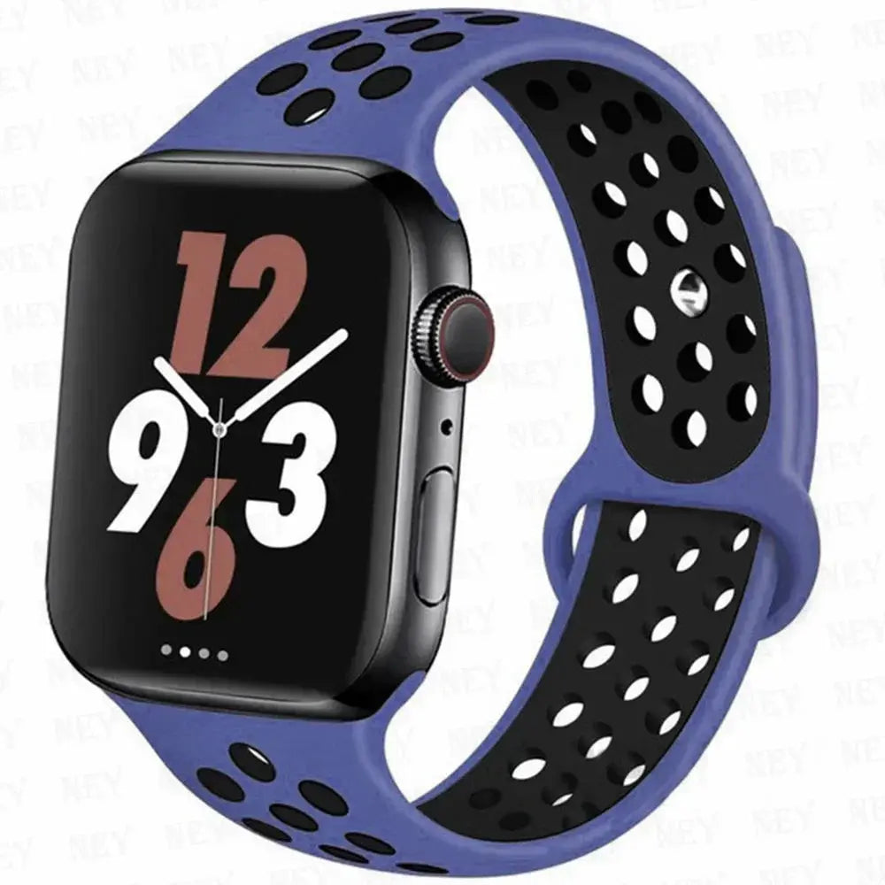 Silicone sport strap for Apple Watch by Simples Market, purple with black perforated inner, Pride band for 38/40–45mm