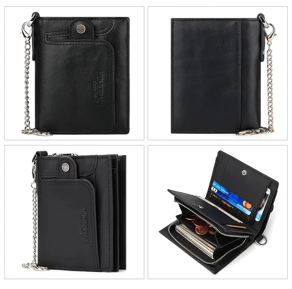 Real leather men's RFID wallet by Simples Market with anti-theft chain and zip coin pocket