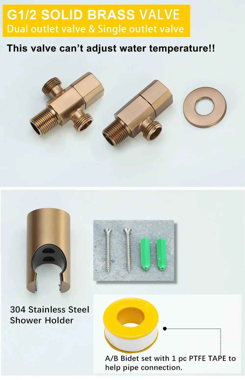 Handheld bidet sprayer kit in brushed rose gold with solid brass valves; includes shower holder, screws, and PTFE tape.