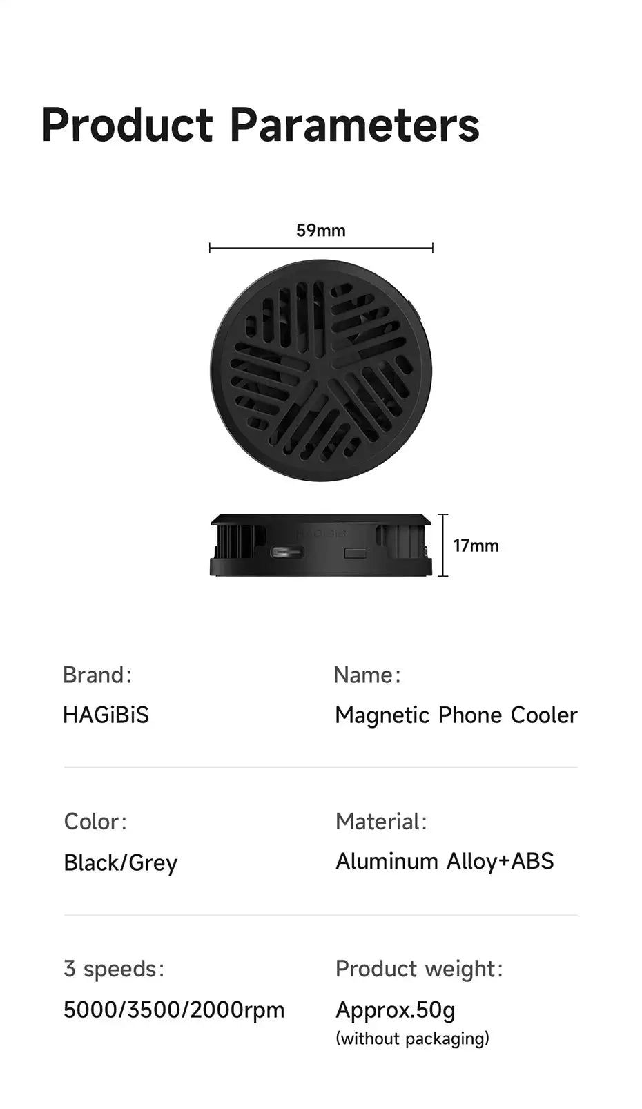 Hagibis Magnetic Cell Phone Cooler, black/grey vented round fan, aluminum alloy+ABS, Simples Market