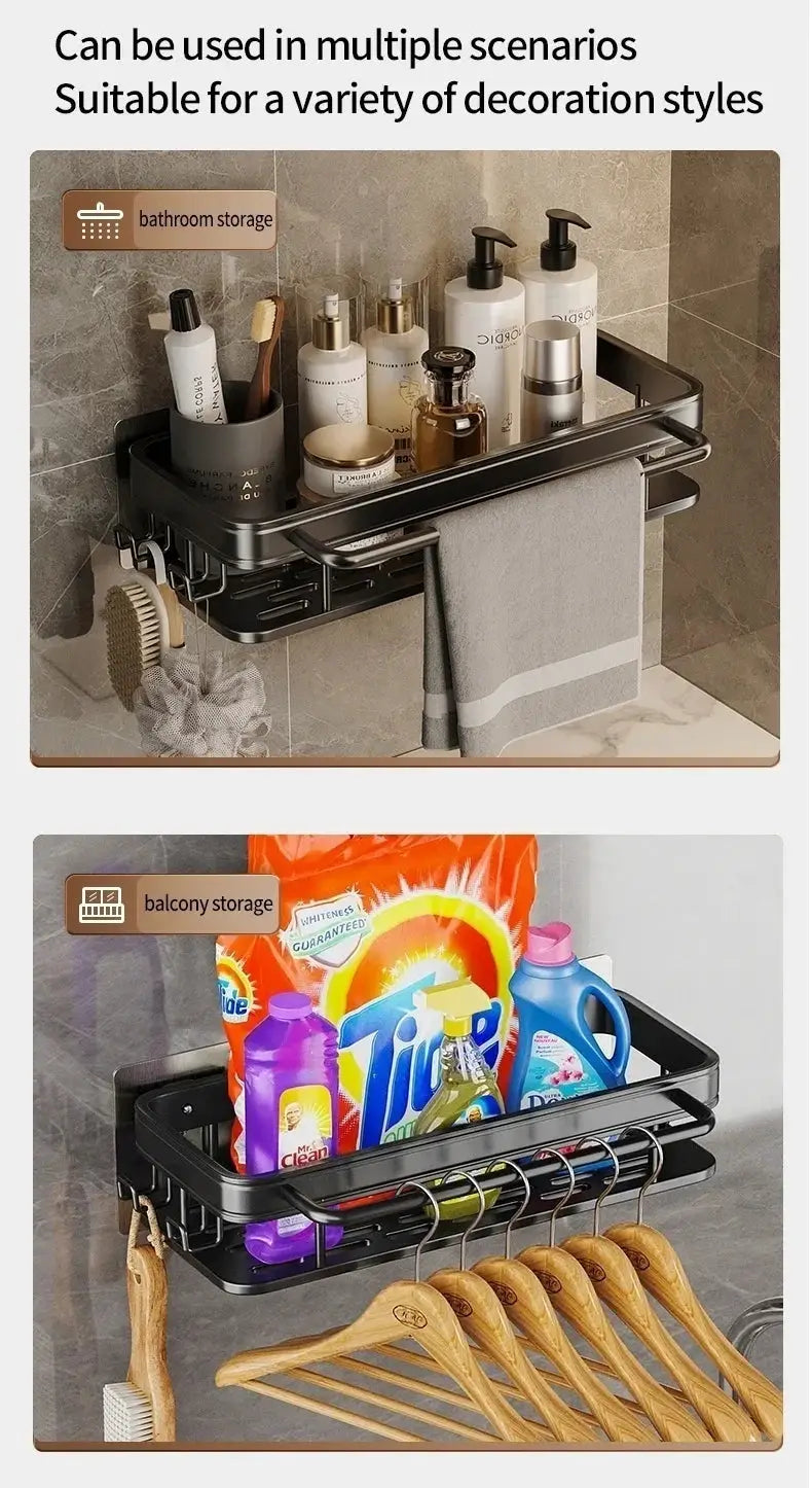 Multi-functional wall-mounted shelf with drying rack by Simples Market, black metal, no-drill mop storage