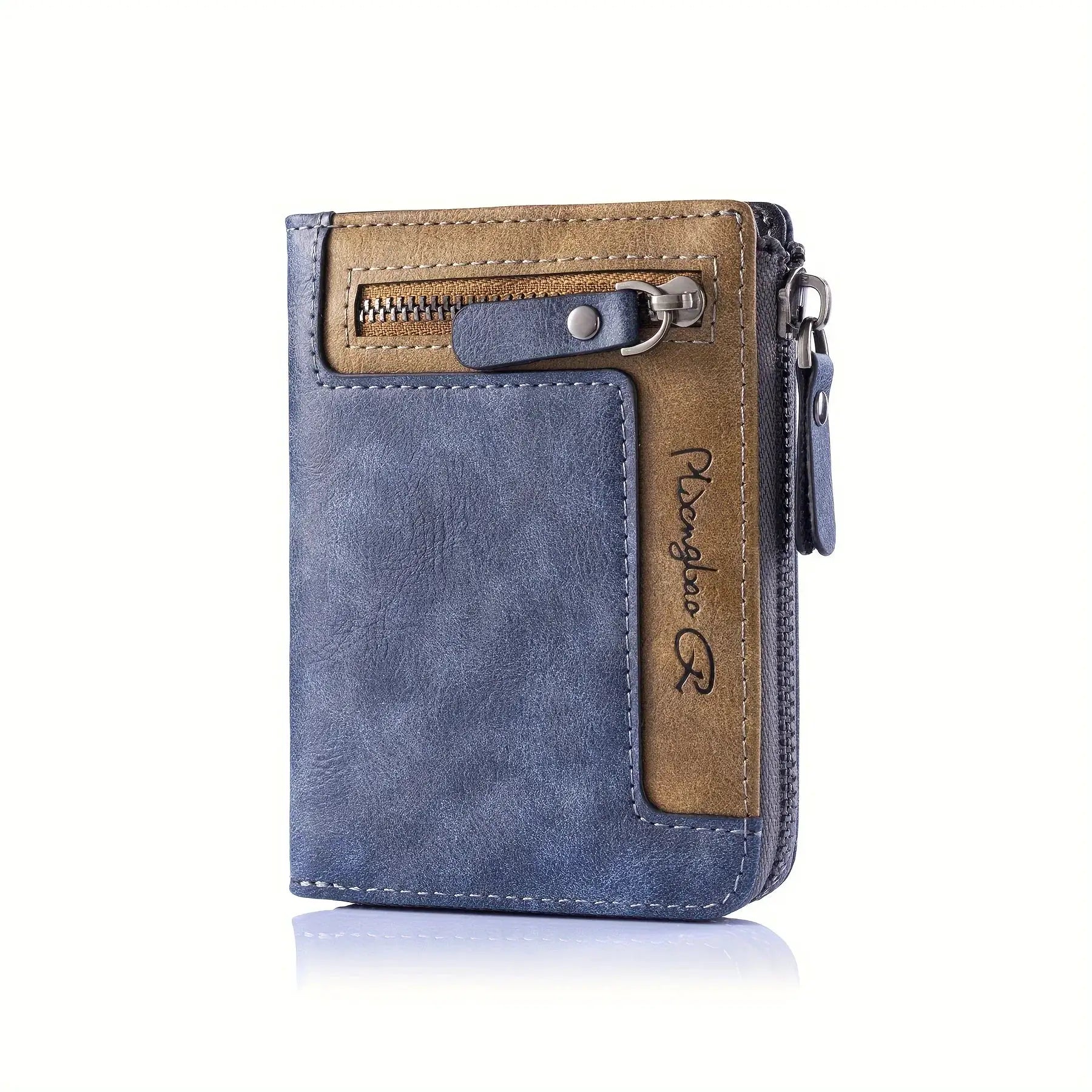 Men's retro short wallet with zipper pocket, blue PU leather exterior and tan interior by Simples Market.