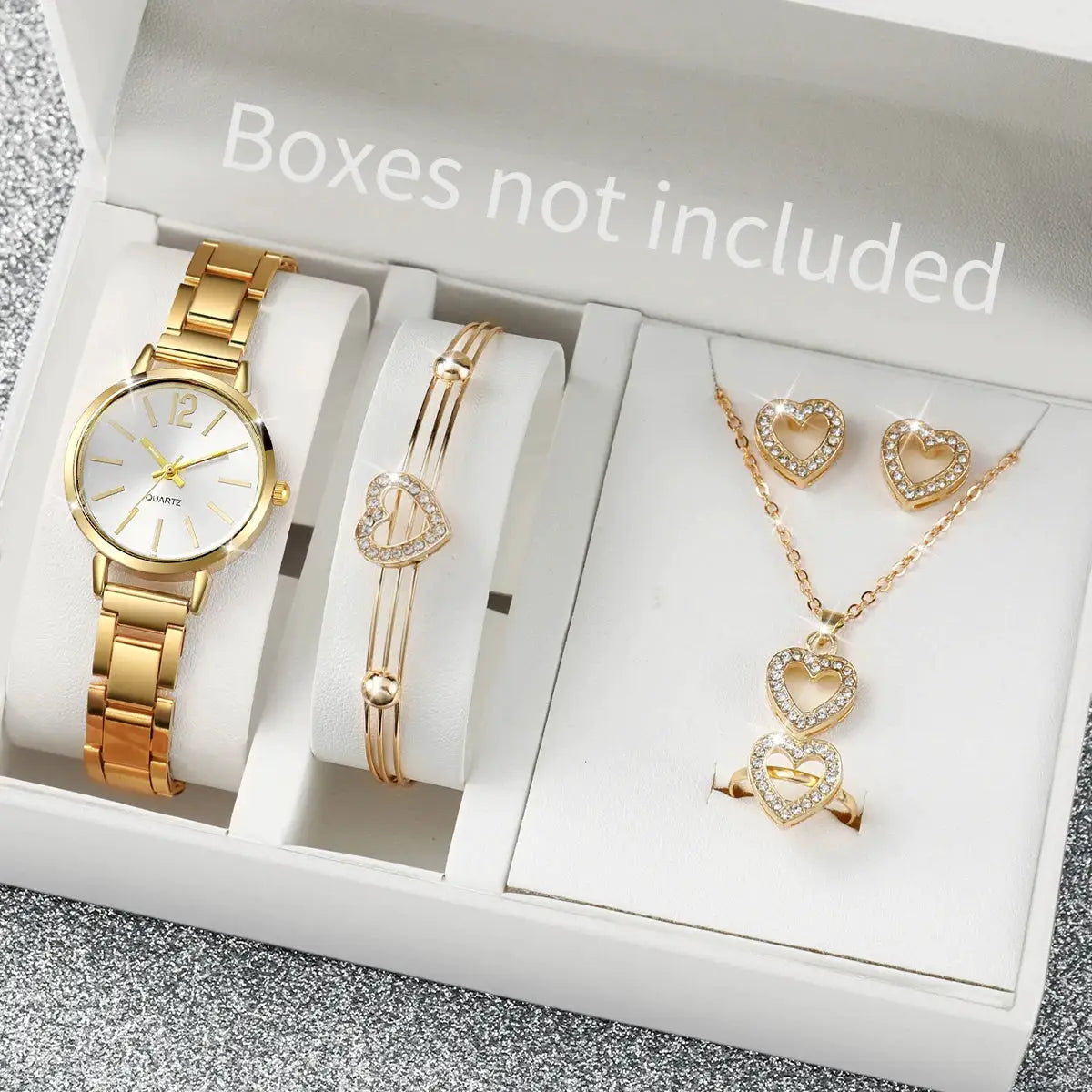 6-piece gold-tone women's quartz watch set with stainless steel band and crystal heart jewelry.