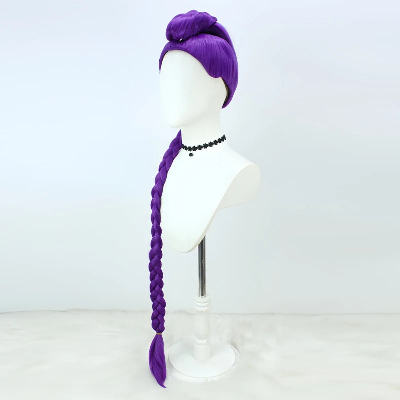 KPOP cosplay wig, purple heat-resistant synthetic with a top bun and long braid on a mannequin