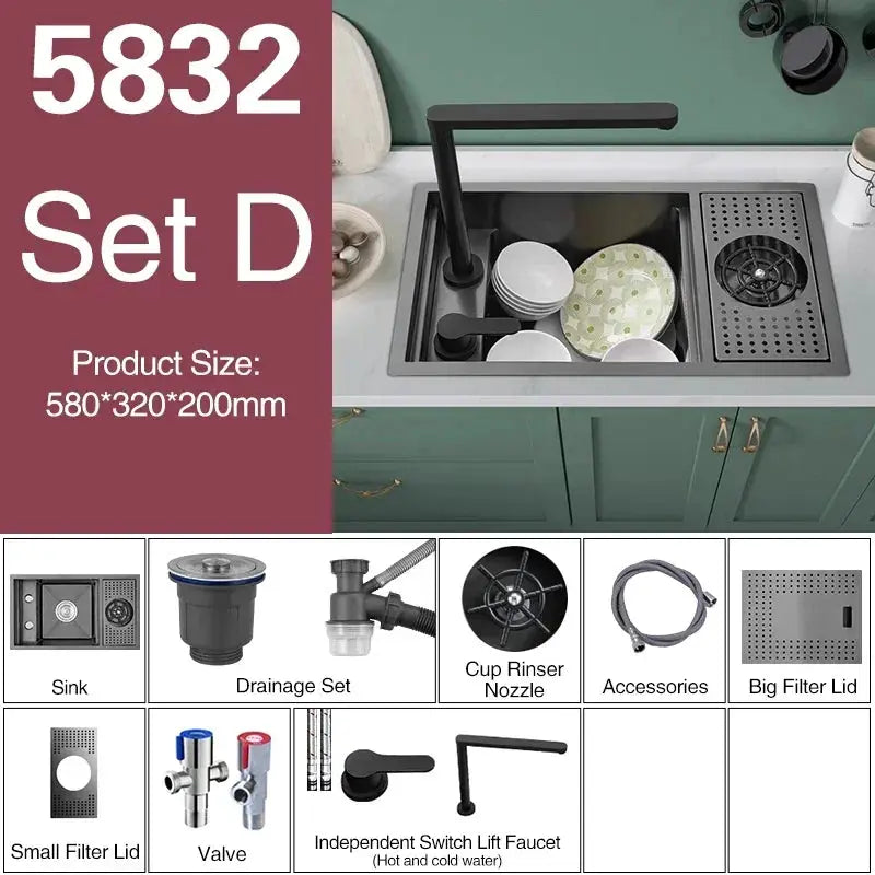 ASRAS Nano black small kitchen sink set with lifting faucet and accessories