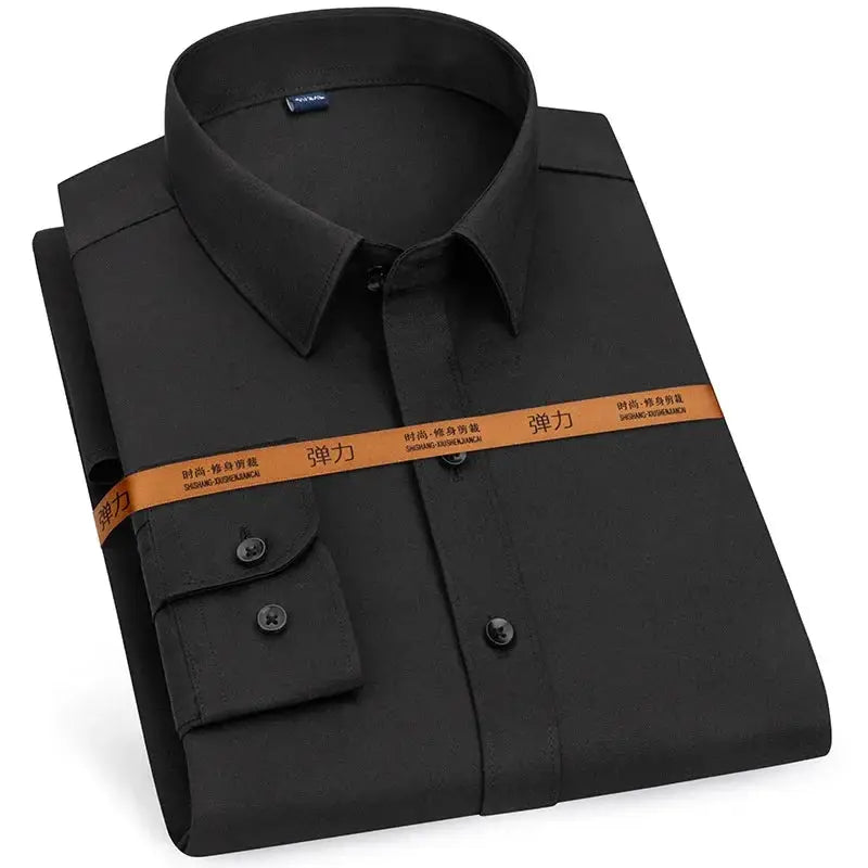 Simples Market men's black dress shirt, long sleeve slim-fit, solid color.