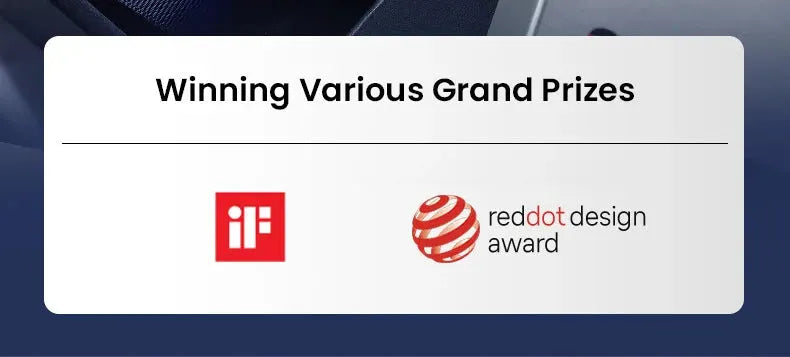Award banner reading Winning Various Grand Prizes with iF logo and Red Dot Design Award logos