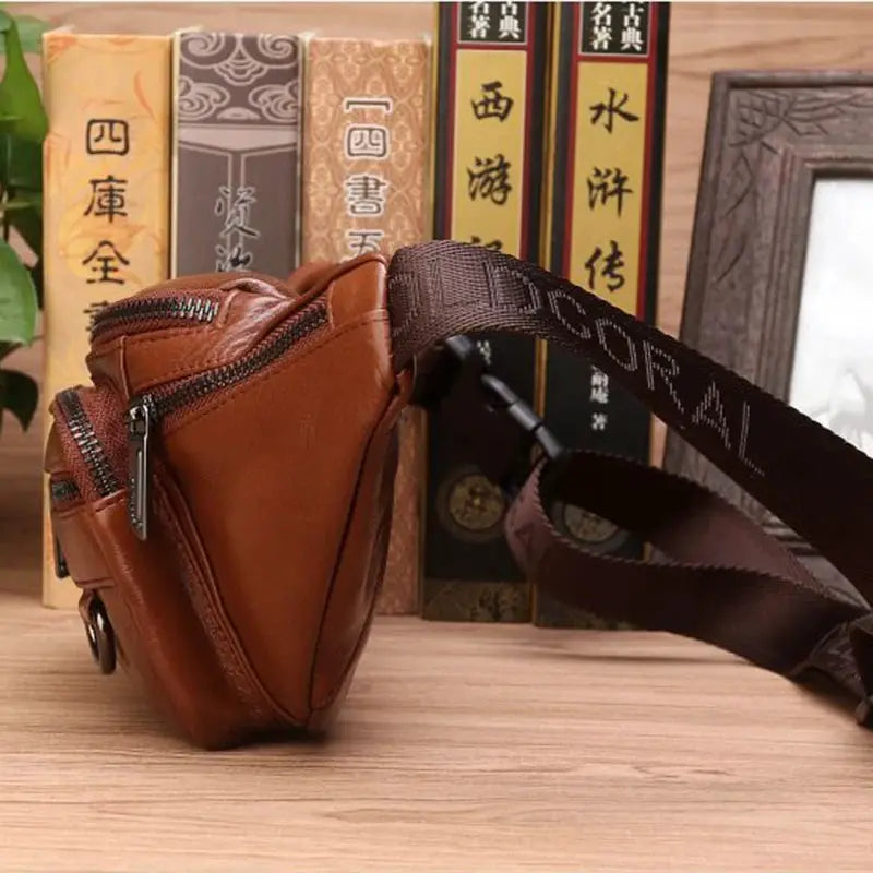 Genuine leather waist fanny pack for men, brown Simples Market crossbody belt bag with zip pockets