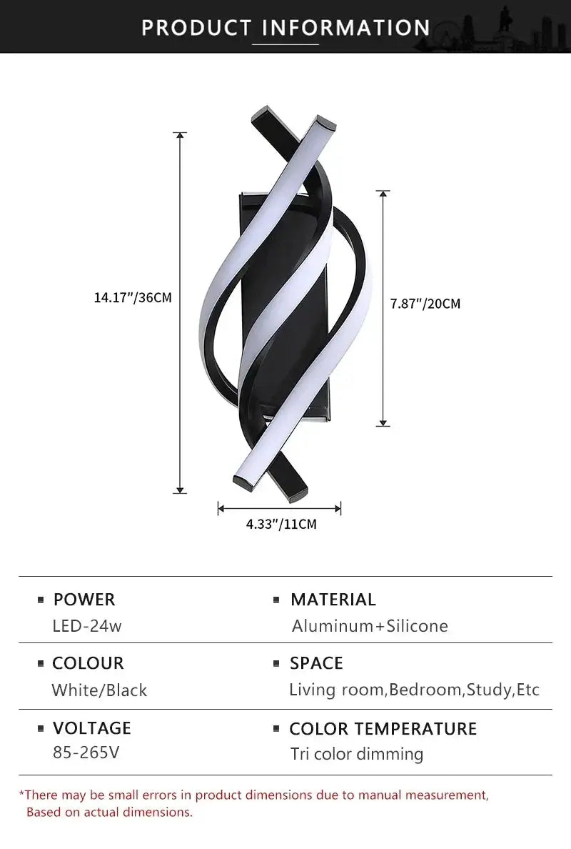 Curved Spiral Design LED Wall Lamp by Simples Market; white/black finish, aluminum+silicone construction.
