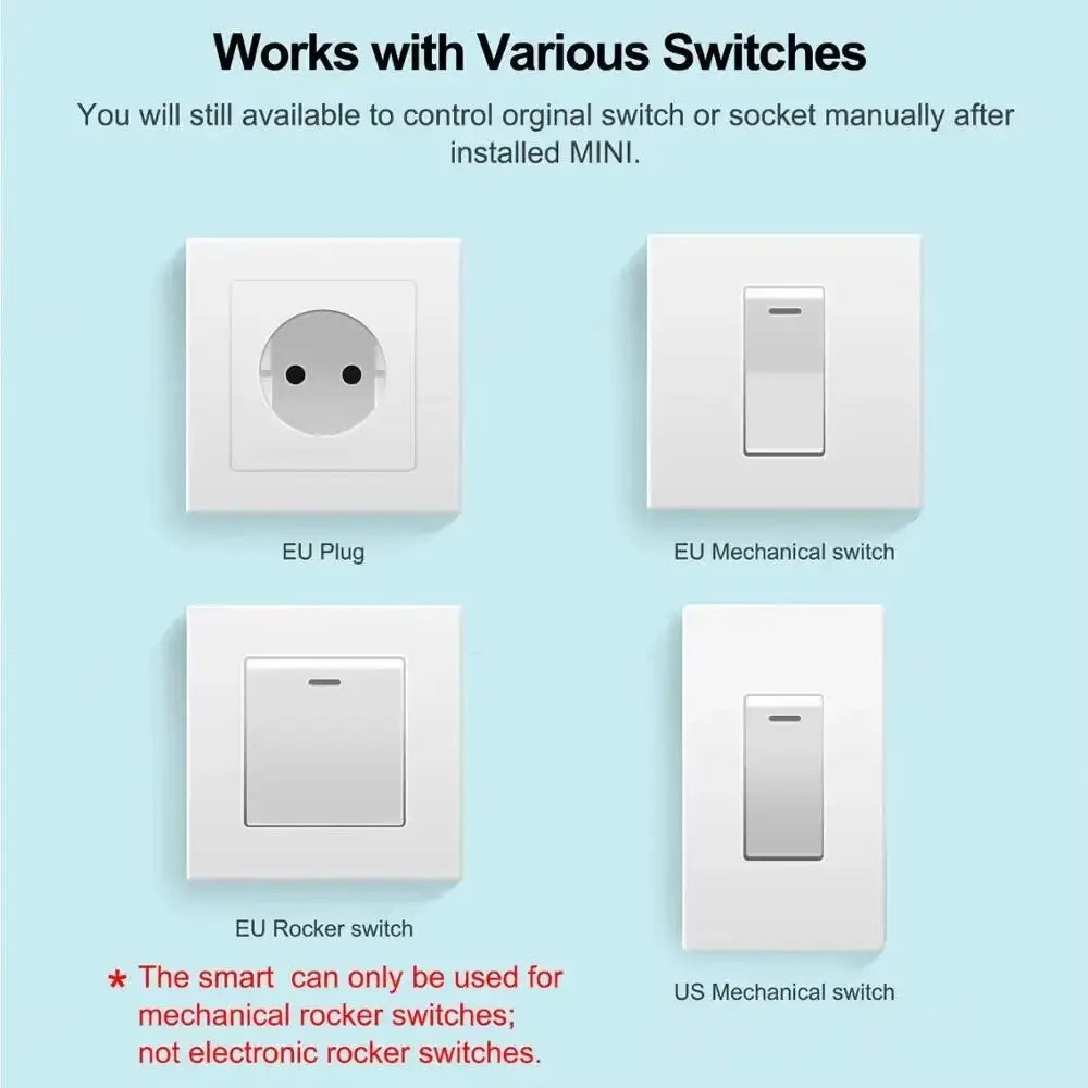 Mini white 16A WiFi switch module compatible with EU and US mechanical and rocker switches